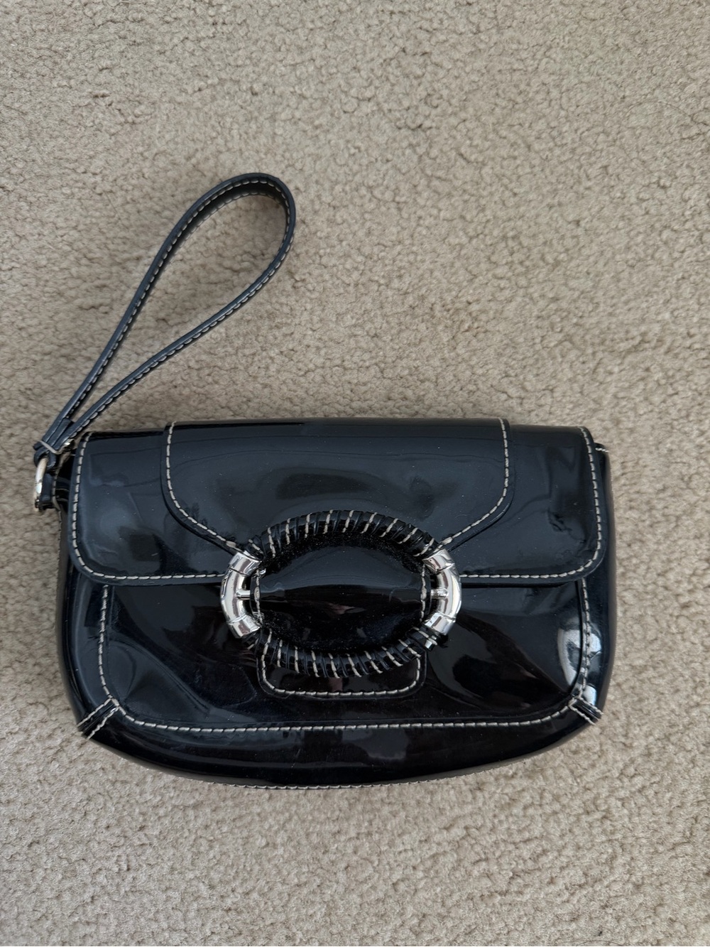 Ann Taylor Black Patent Wristlet Clutch Purse Y2K Oval Buckle Evening Bag